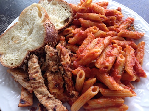 chicken pasta and bread