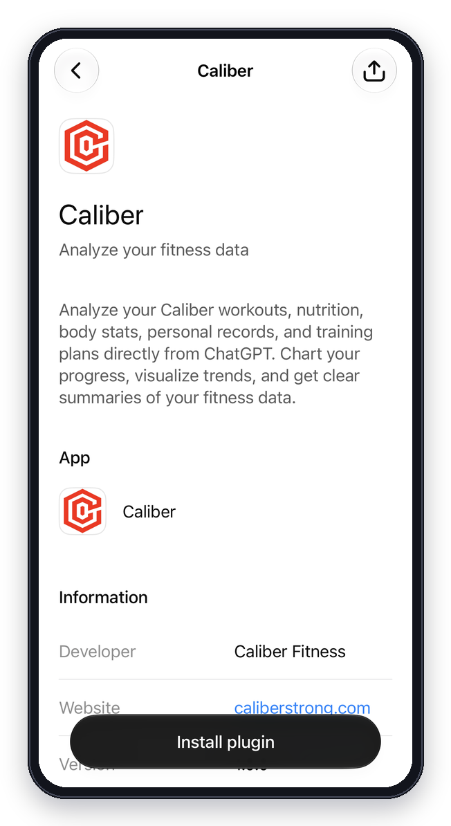 The Caliber plugin page in ChatGPT with the Install plugin button