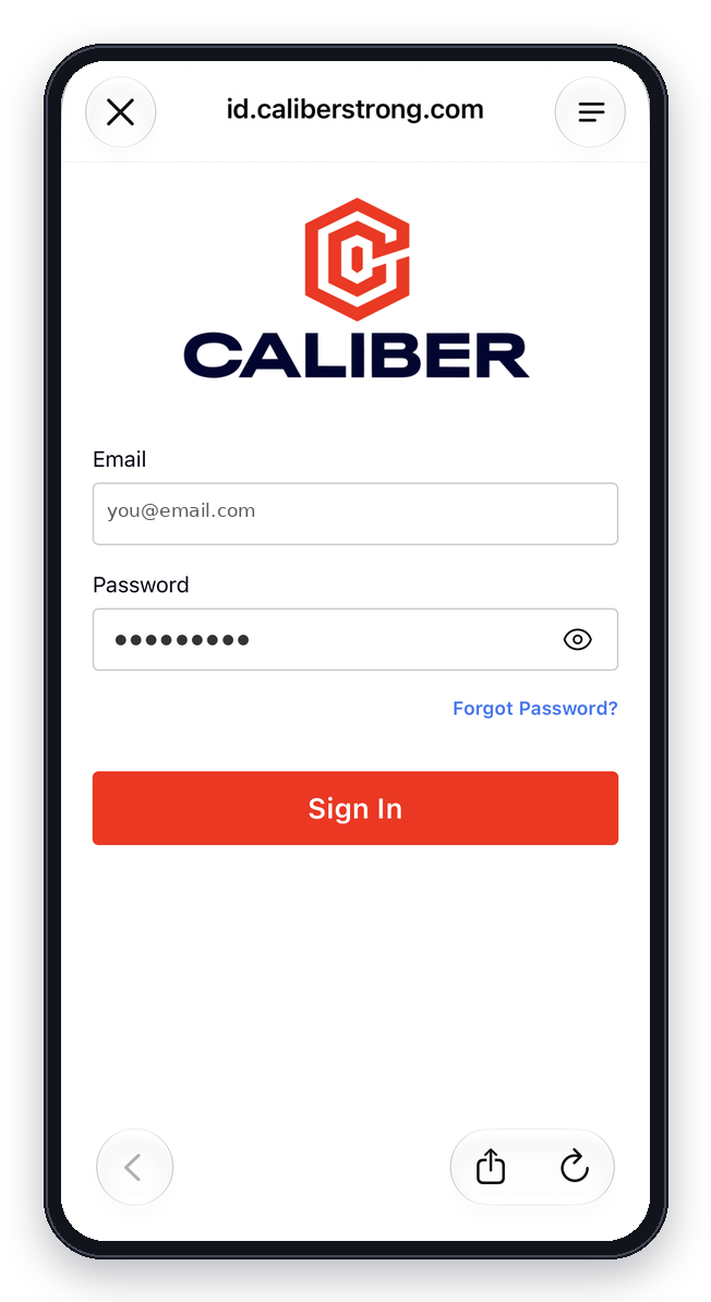 Caliber sign-in form with email and password fields and a Sign In button