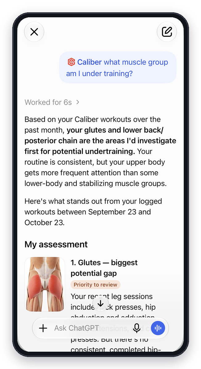 ChatGPT answering 'what muscle group am I under training?' from Caliber workouts, identifying glutes and posterior chain